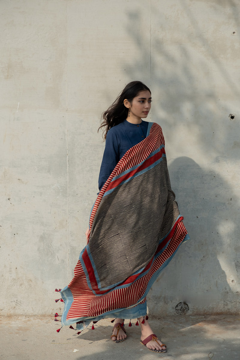 Cotton Dupatta - Red Play of Stripes