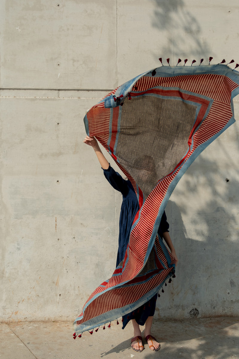 Cotton Dupatta - Red Play of Stripes