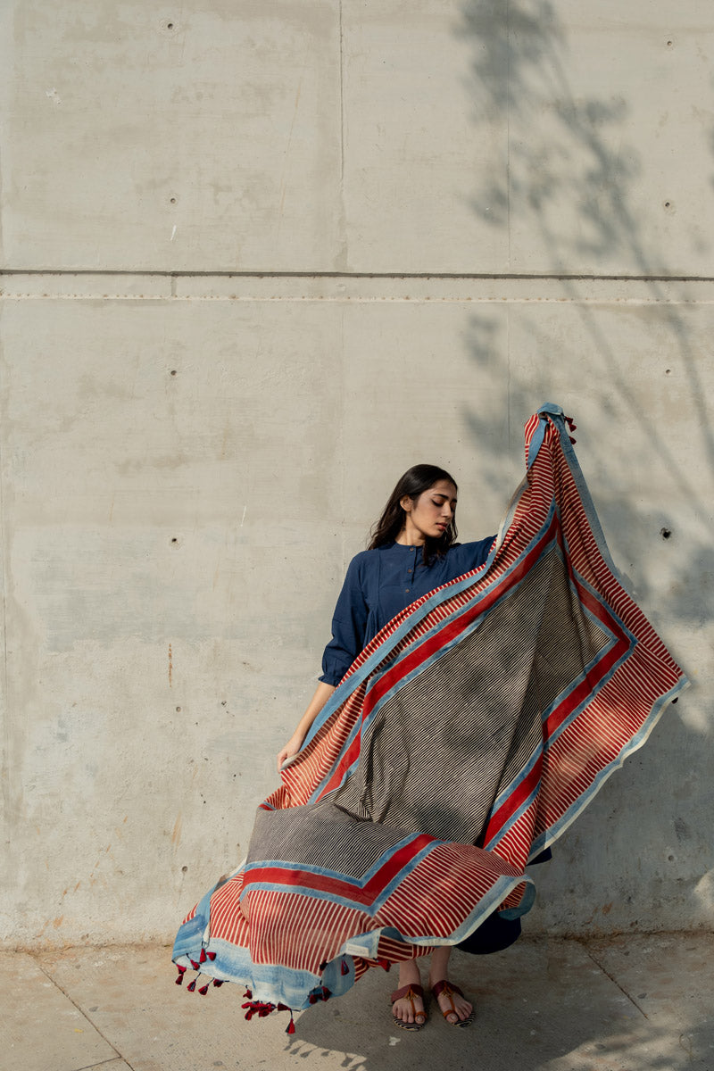 Cotton Dupatta - Red Play of Stripes
