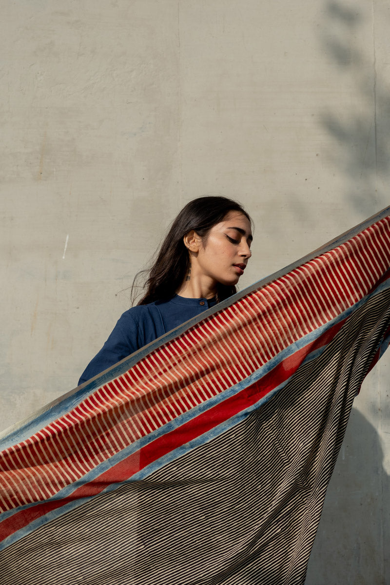 Cotton Dupatta - Red Play of Stripes
