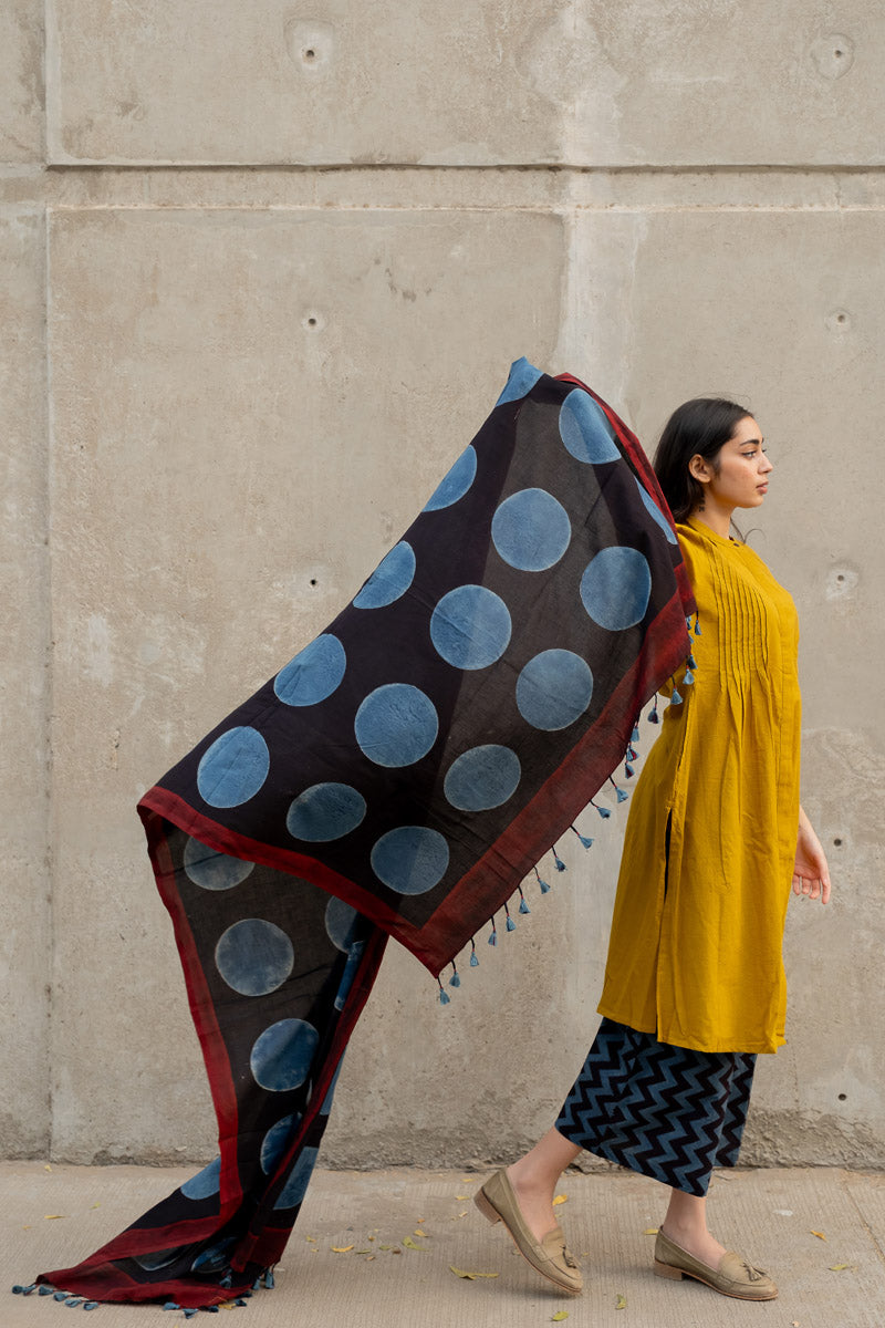 Cotton Dupatta - Black Polka