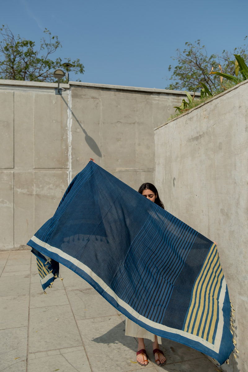 Cotton Dupatta - Indigo Stripe Gradation