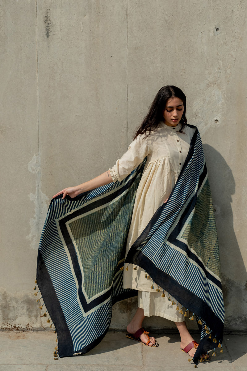 Cotton Dupatta - Indigo Play of Stripes