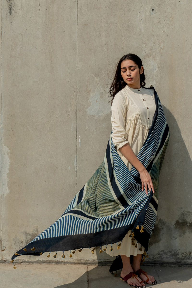 Cotton Dupatta - Indigo Play of Stripes