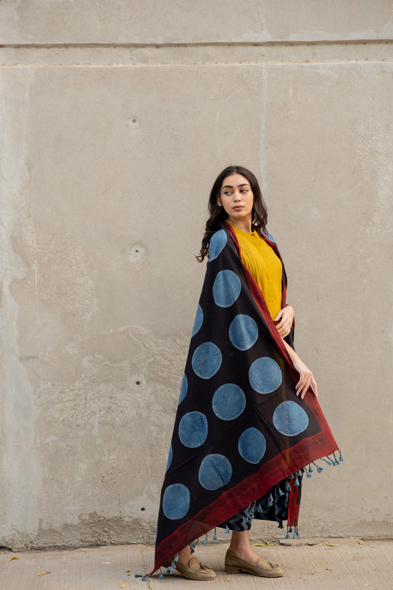 Cotton Dupatta - Black Polka