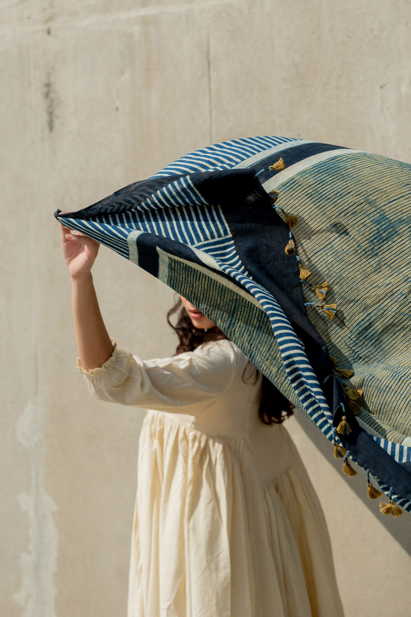 Cotton Dupatta - Indigo Play of Stripes