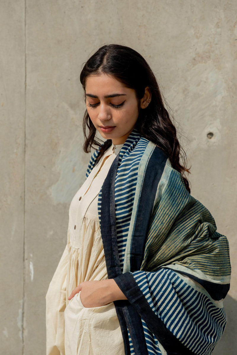 Cotton Dupatta - Indigo Play of Stripes