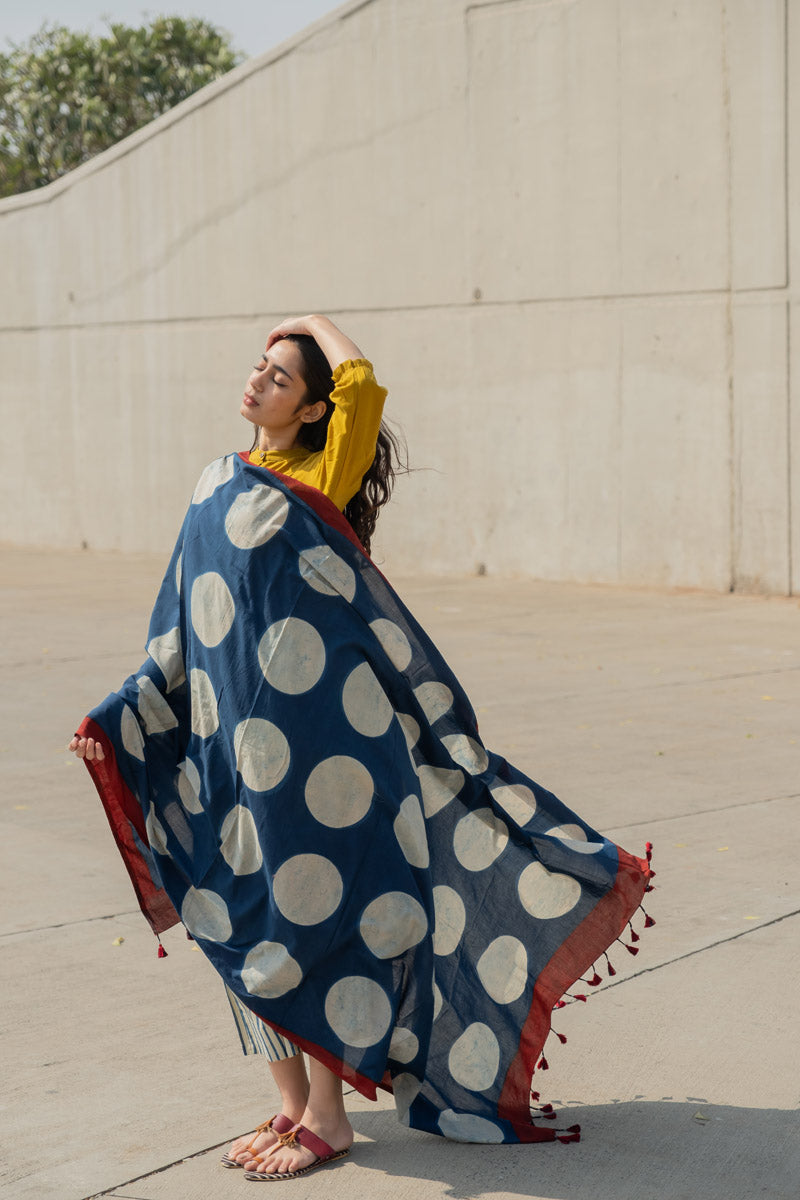 Cotton Dupatta - Indigo Polka