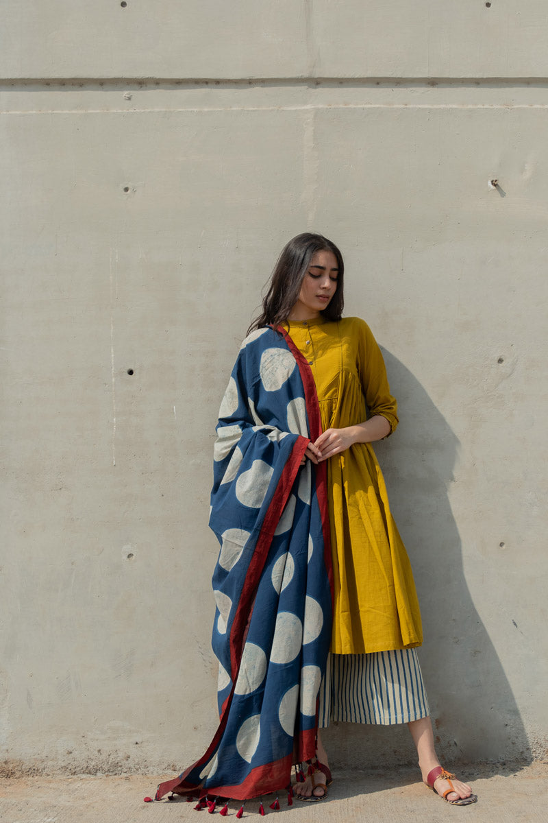 Cotton Dupatta - Indigo Polka