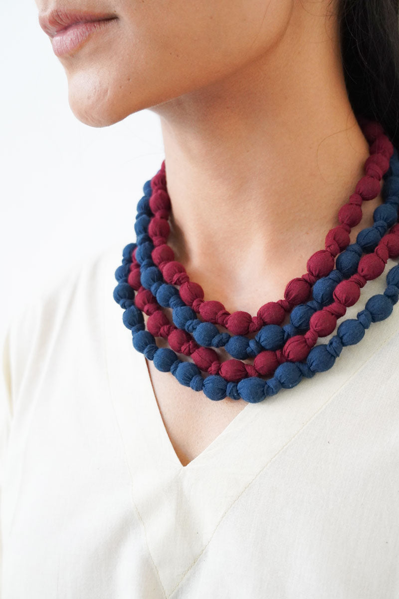 Textile & Bead Wrap Necklace - Indigo & Maroon