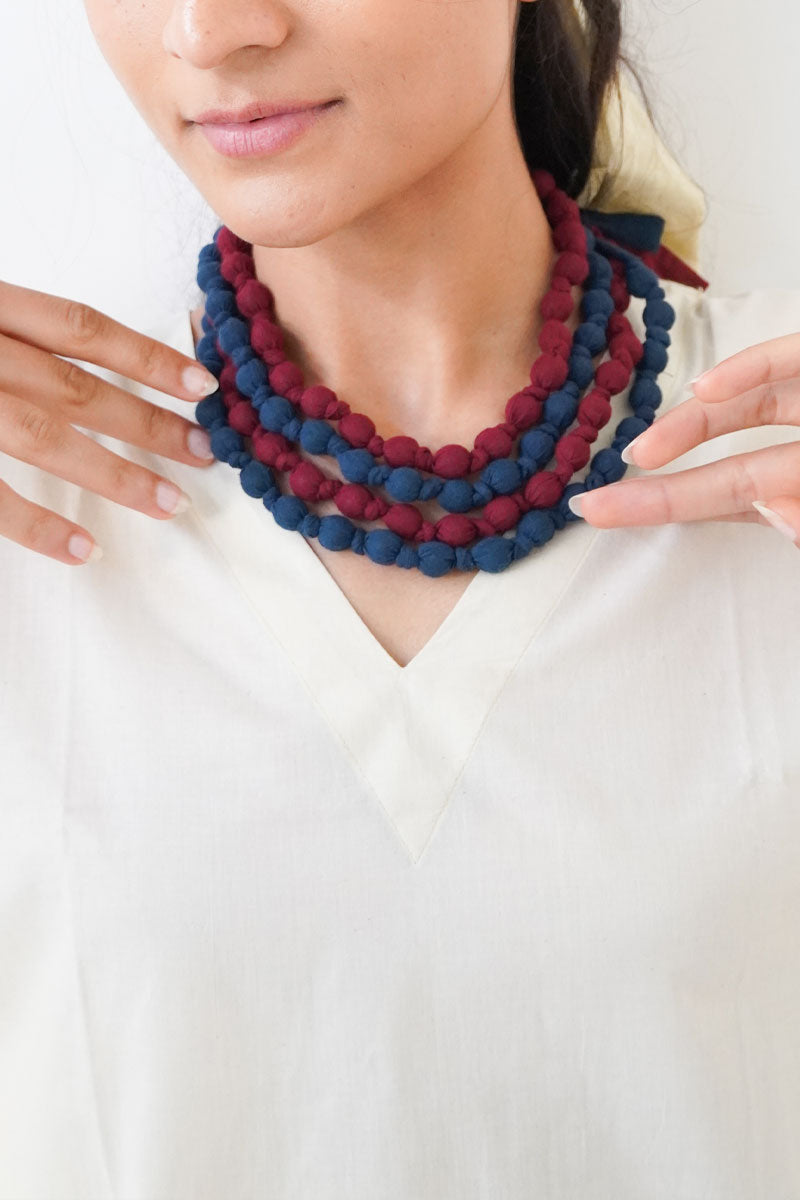 Textile & Bead Wrap Necklace - Indigo & Maroon