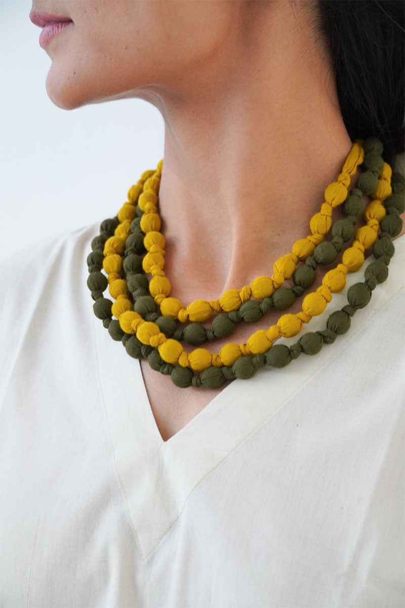 Textile & Bead Wrap Necklace - Olive & Mustard