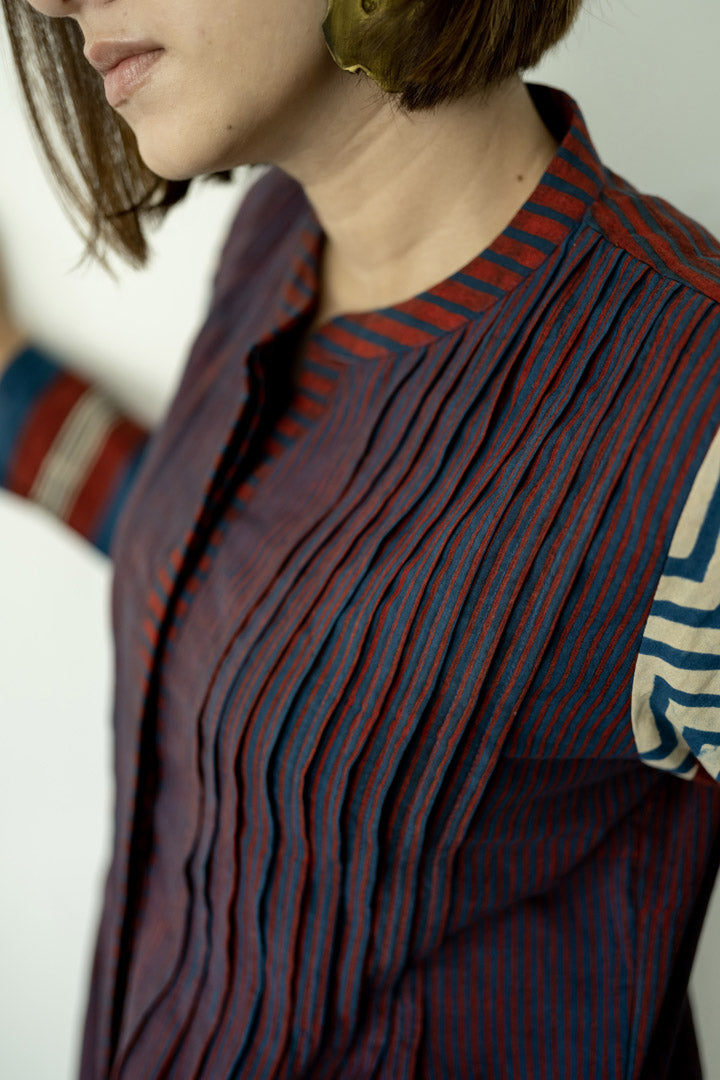 Pintuck Kurta - Indigo & Burgundy