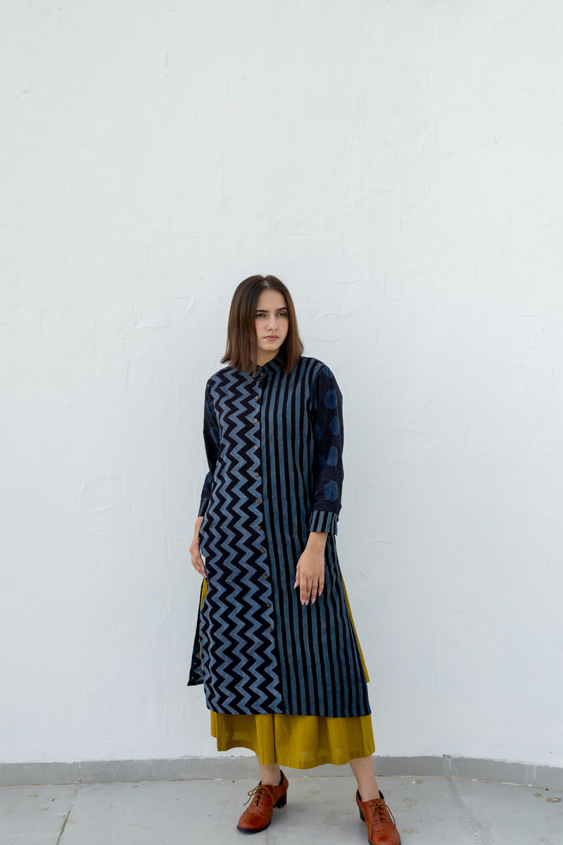 Button up Kurta-Black & Indigo