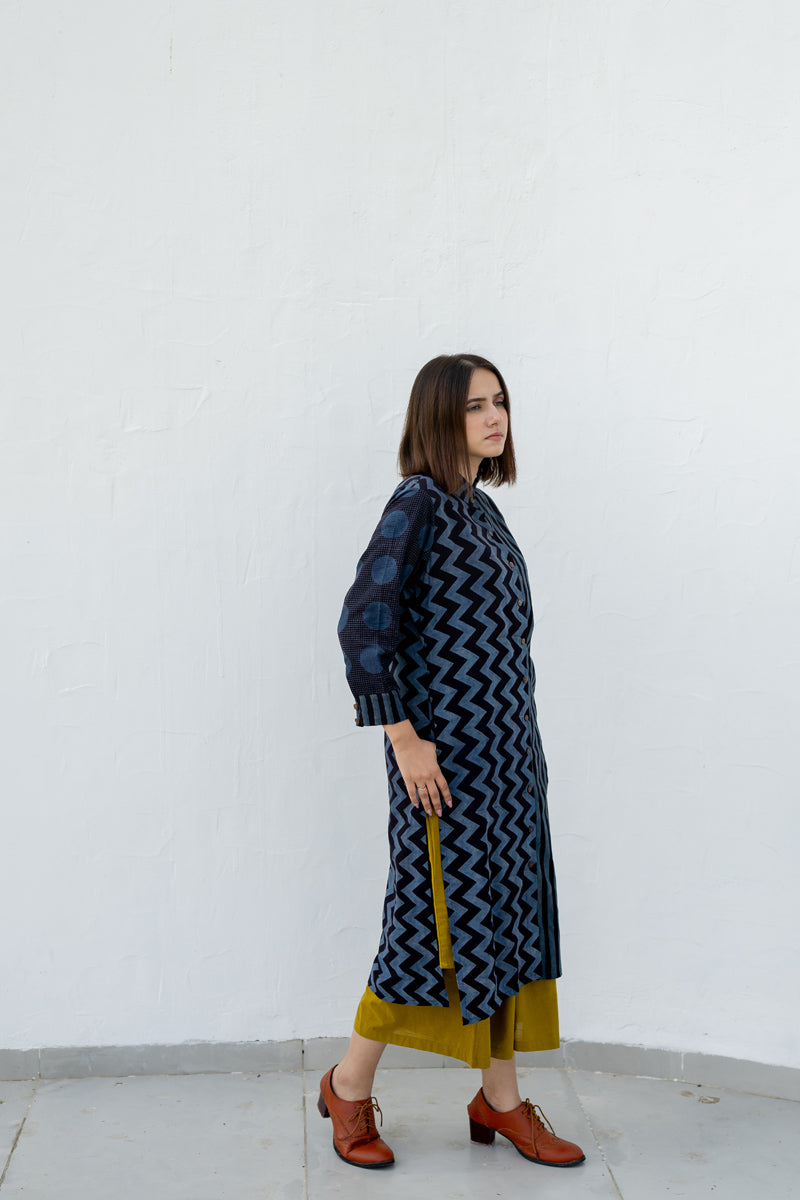 Button up Kurta-Black & Indigo