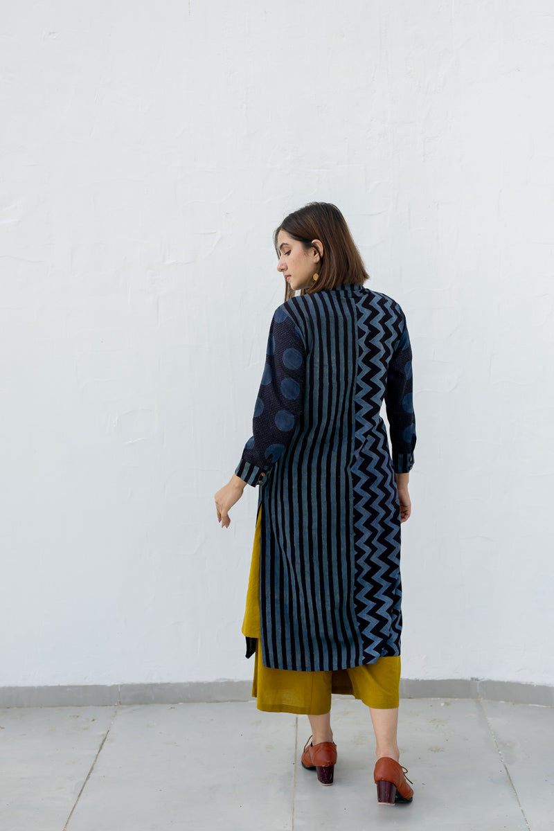 Button up Kurta-Black & Indigo