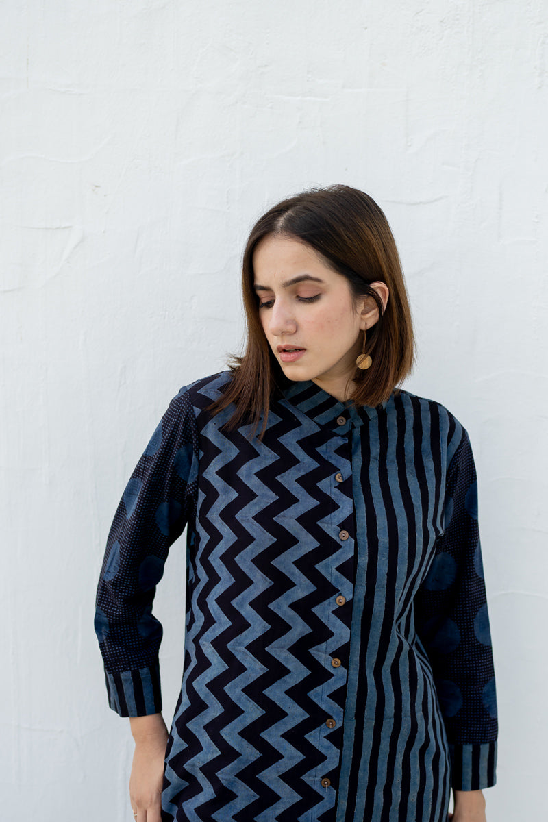 Button up Kurta-Black & Indigo