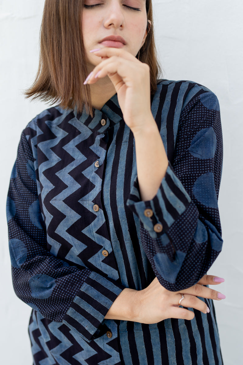 Button up Kurta-Black & Indigo