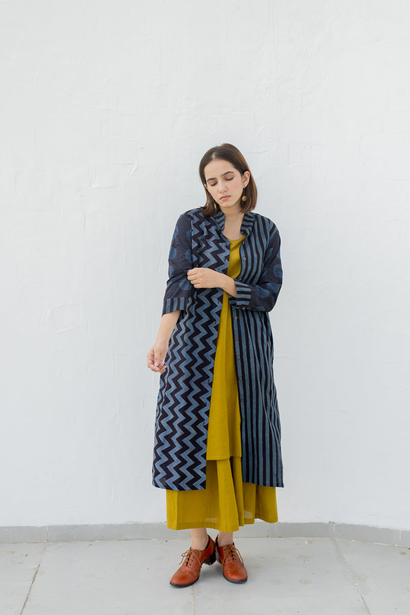 Button up Kurta-Black & Indigo