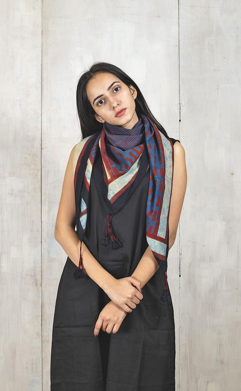 Cotton Scarf - Red & Indigo Pattern Play