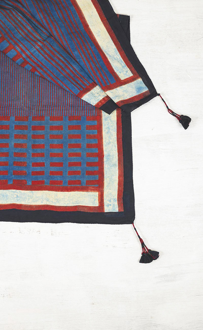 Cotton Scarf - Red & Indigo Pattern Play