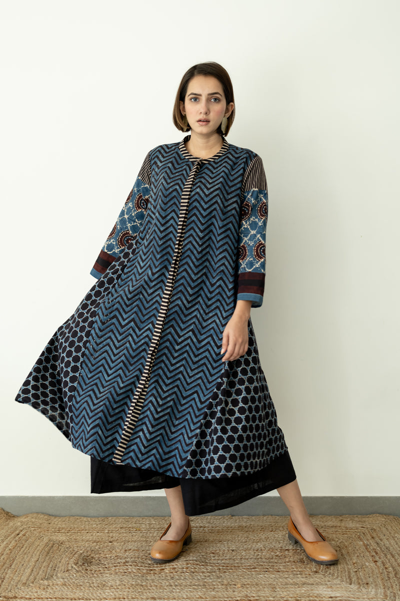 A-line Kurta - Indigo & Black