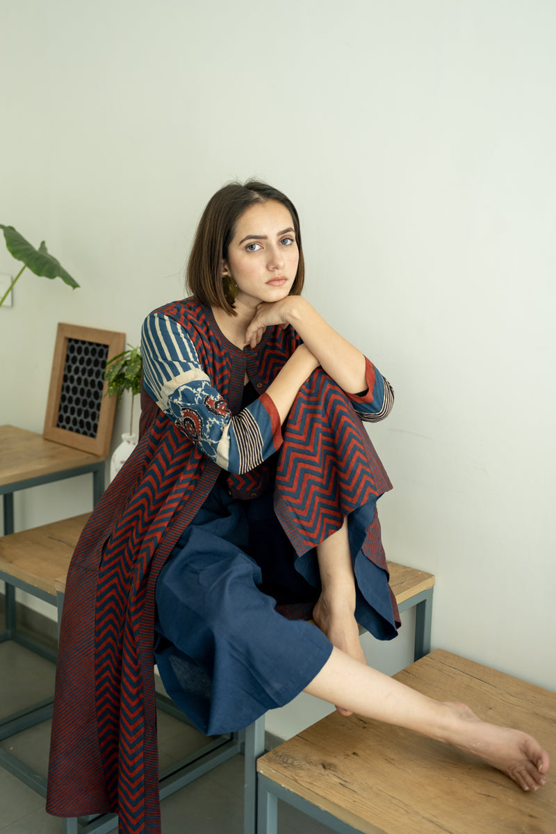 A-line Kurta - Indigo & Burgundy