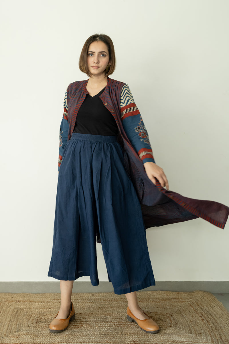 Front-open Pintuck Kurta - Indigo & Burgundy