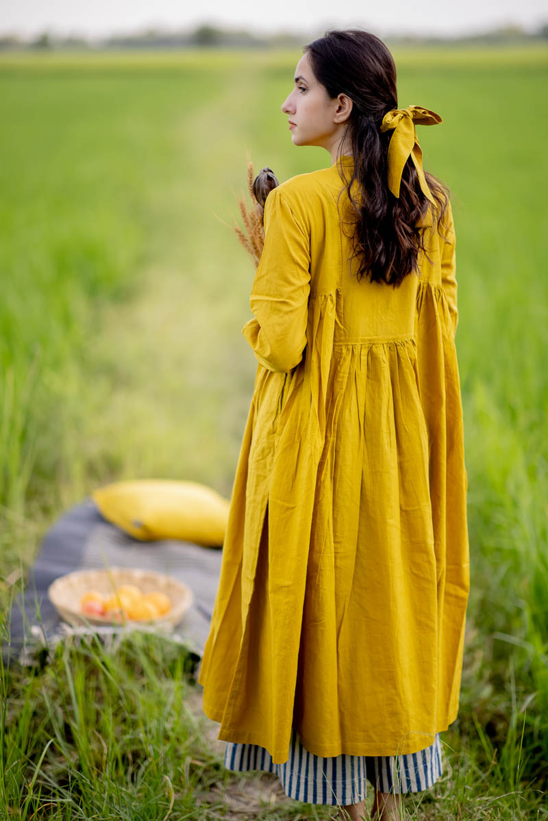 Co-ord Set of 2 – Side Pleat Kurta & Culotte – Mustard