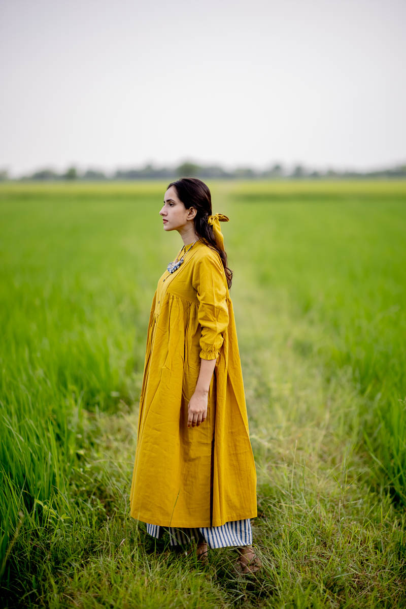 Co-ord Set of 2 – Side Pleat Kurta & Culotte – Mustard