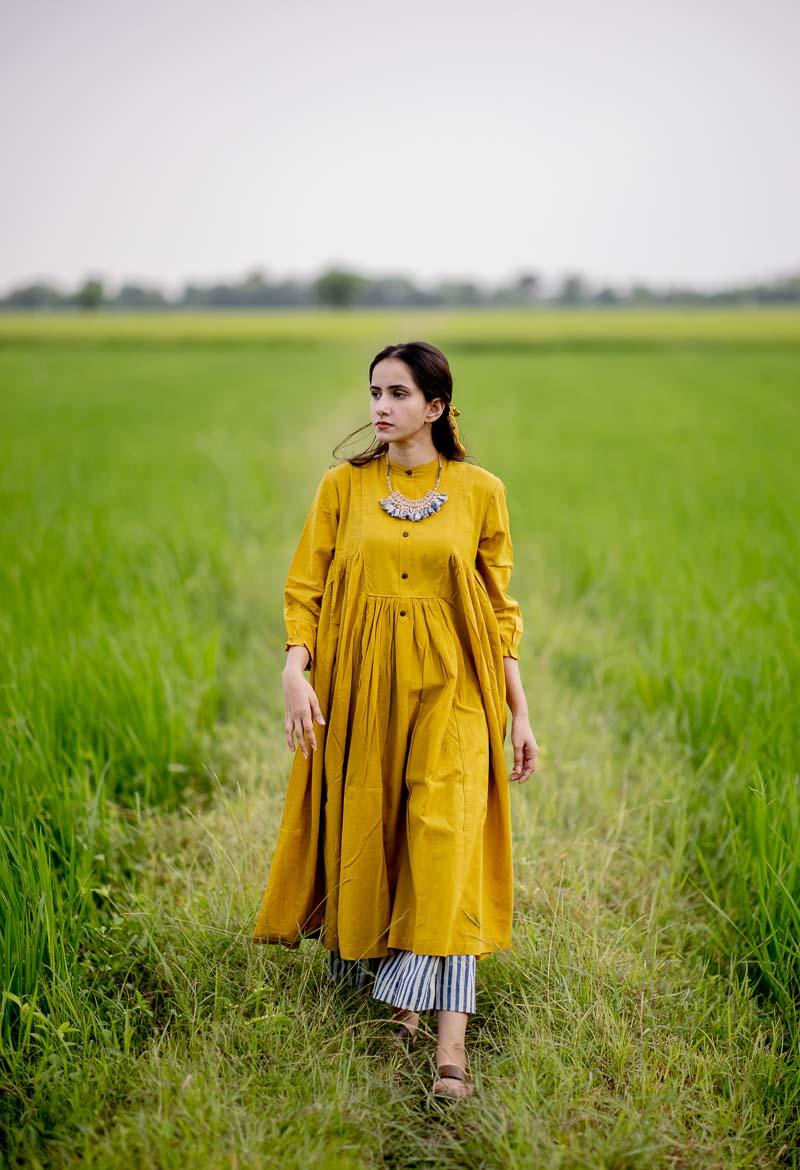 Co-ord Set of 2 – Side Pleat Kurta & Culotte – Mustard Green