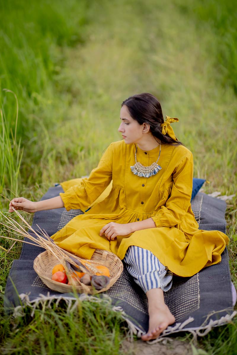 Co-ord Set of 2 – Side Pleat Kurta & Culotte – Mustard Green