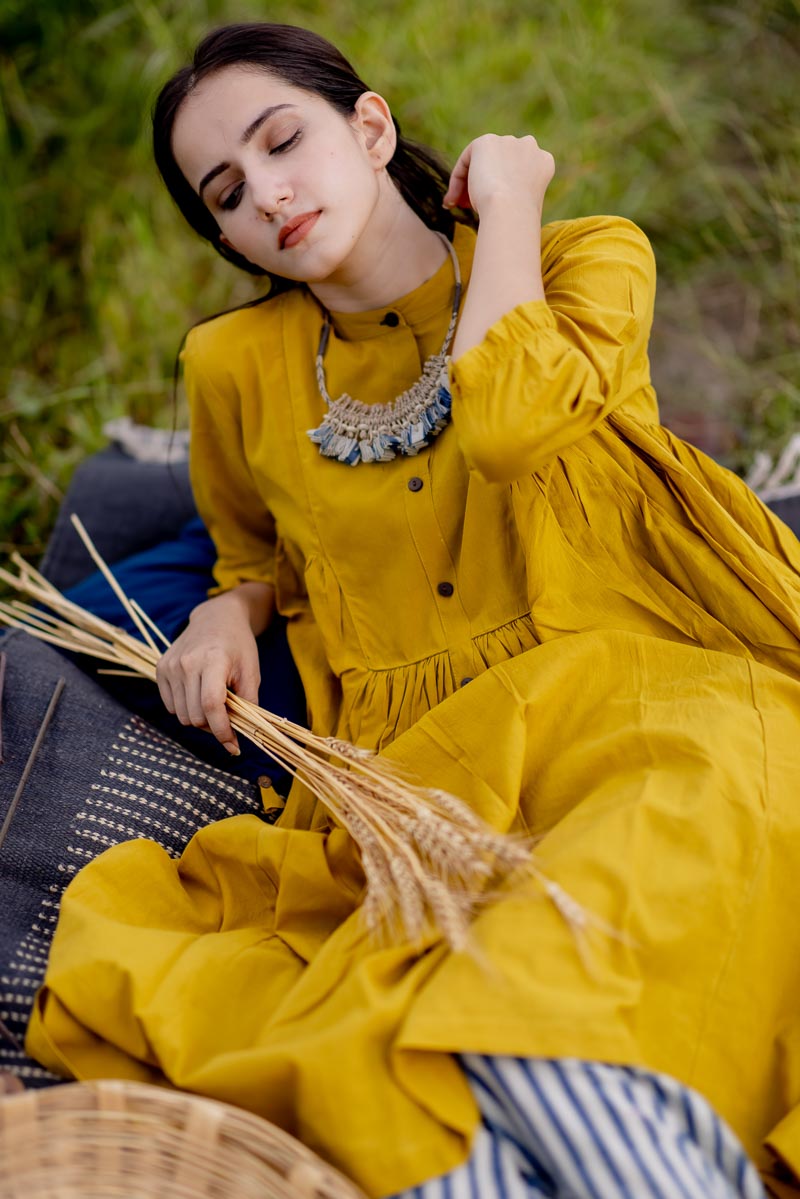 Co-ord Set of 2 – Side Pleat Kurta & Culotte – Mustard