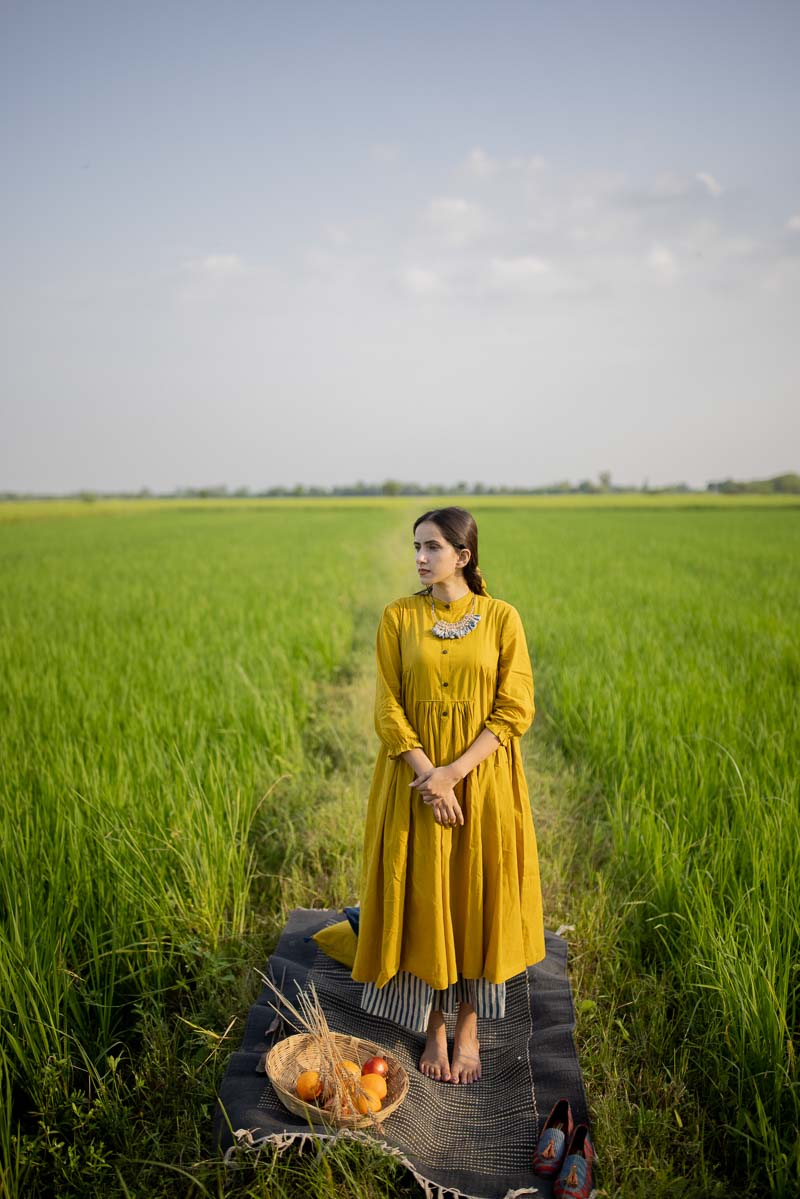 Co-ord Set of 2 – Side Pleat Tunic & Culotte – Mustard Green