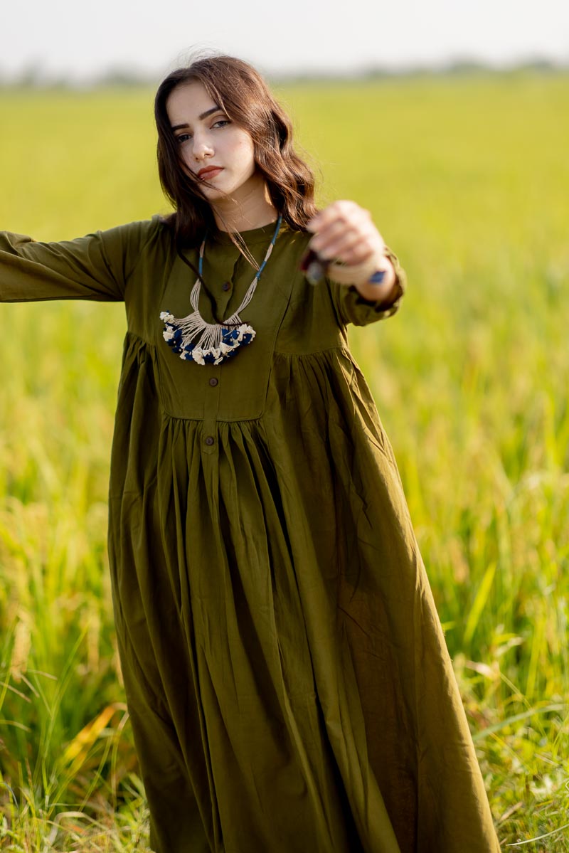 Co-ord Set of 2 – Side Pleat Kurta & Culotte – Olive