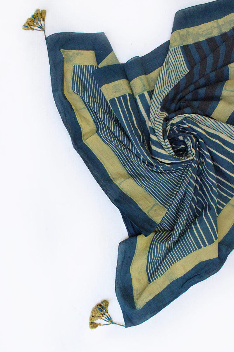 Cotton Scarf - Indigo Play of Stripes