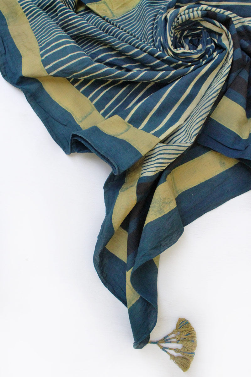 Cotton Scarf - Indigo Play of Stripes