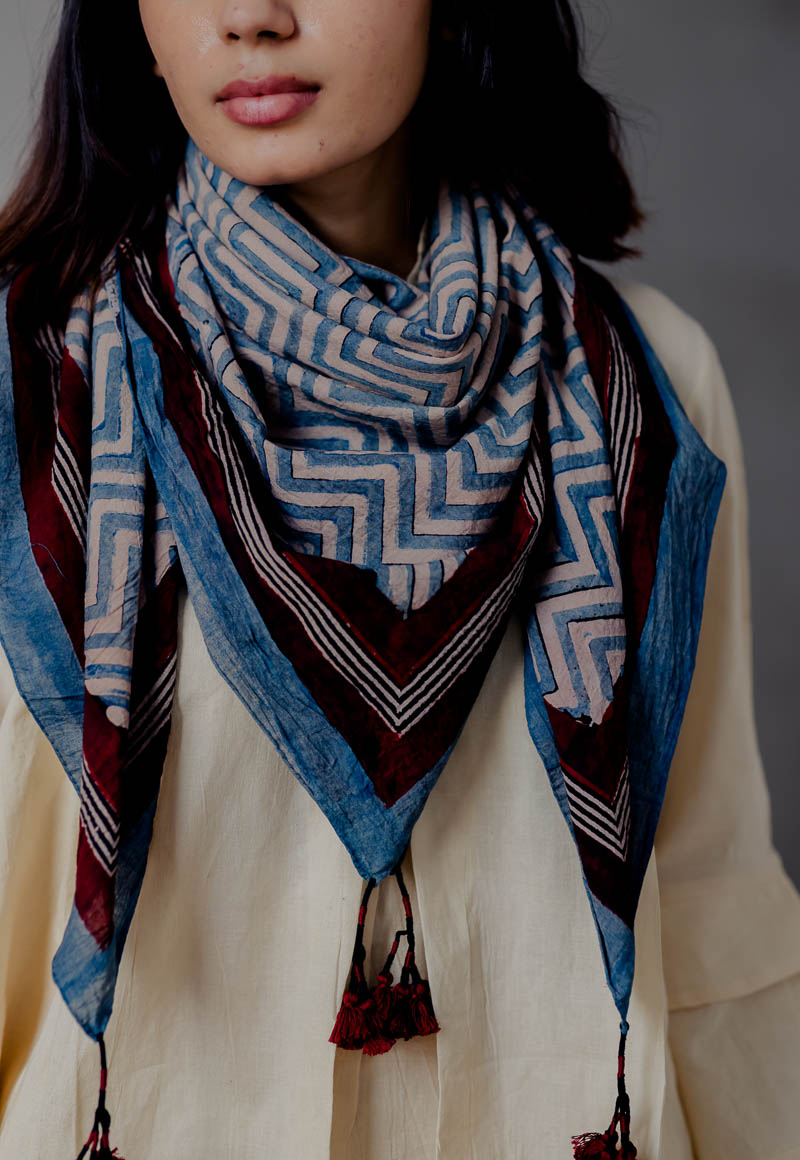 Cotton Scarf - Indigo Chevron