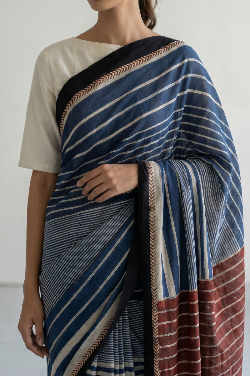 Cotton Saree - Indigo Play of Stripes