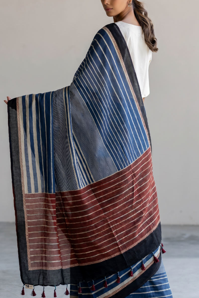 Cotton Saree - Indigo Play of Stripes