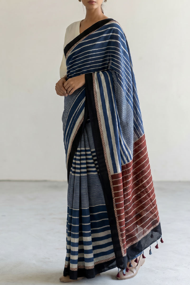 Cotton Saree - Indigo Play of Stripes