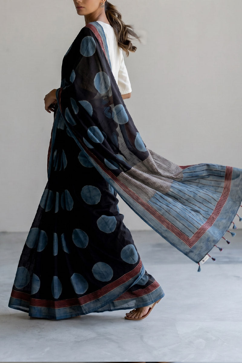 Cotton Saree - Indigo & Black Polka