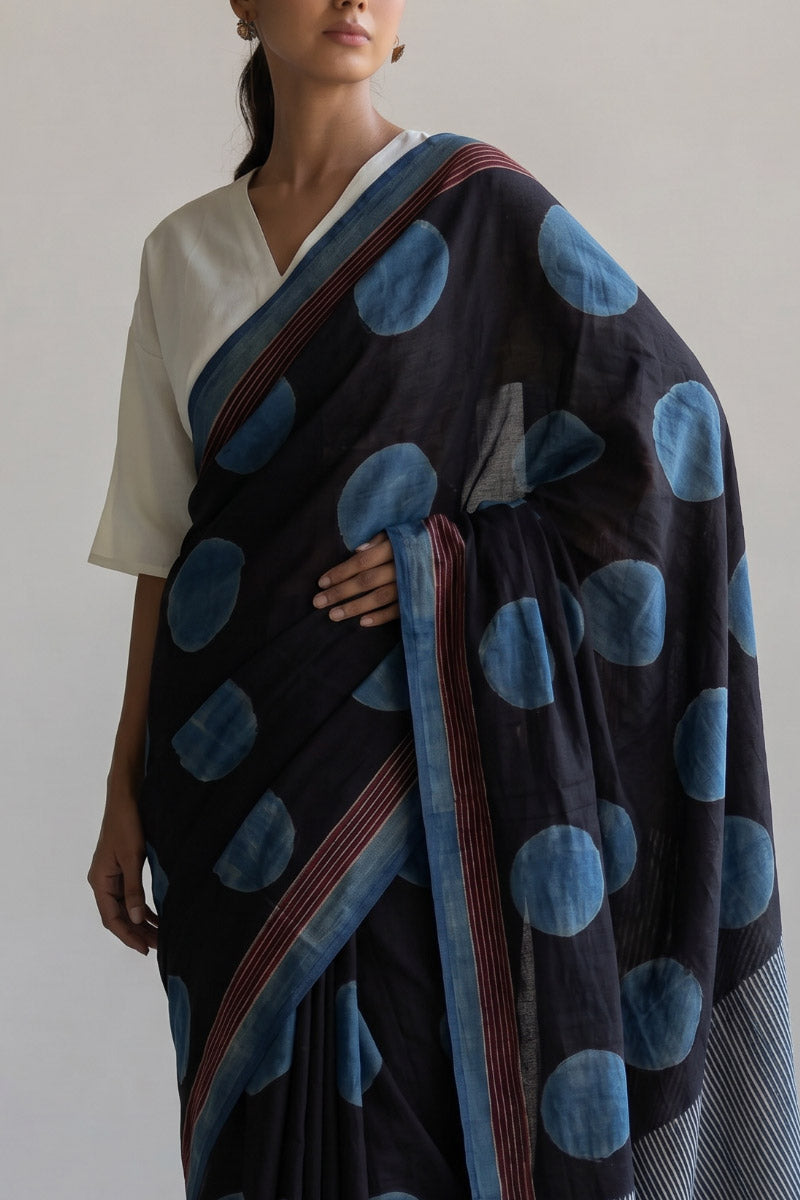 Cotton Saree - Indigo & Black Polka