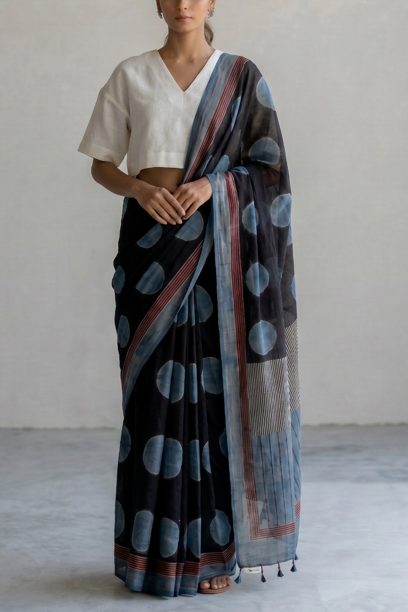 Cotton Saree - Indigo & Black Polka