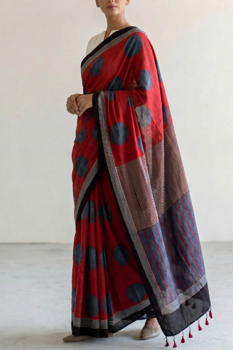 Cotton Saree - Indigo Polka