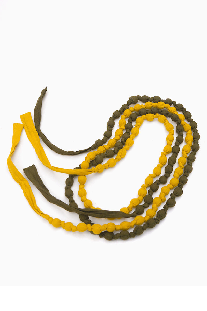 Textile & Bead Wrap Necklace - Olive & Mustard