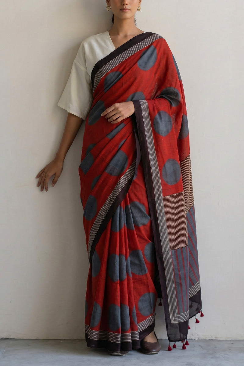 Cotton Saree - Indigo Polka