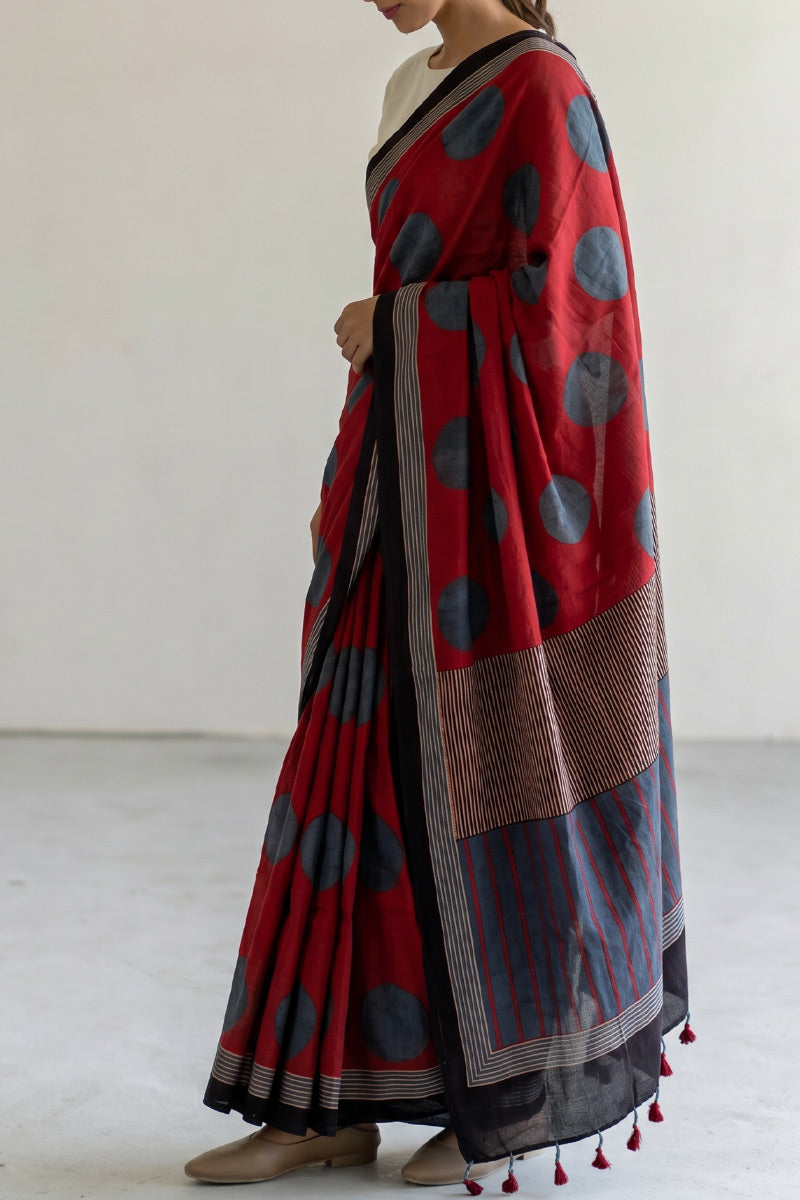 Cotton Saree - Indigo Polka