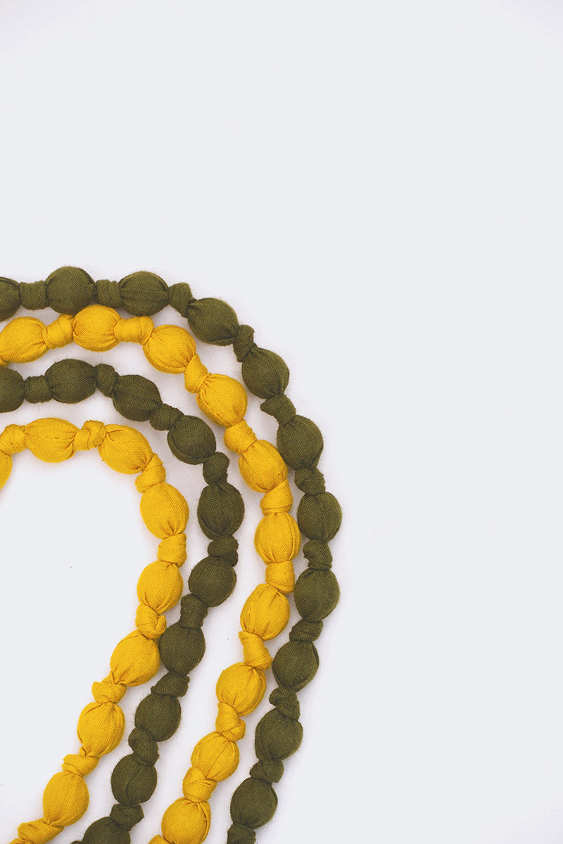 Textile & Bead Wrap Necklace - Olive & Mustard