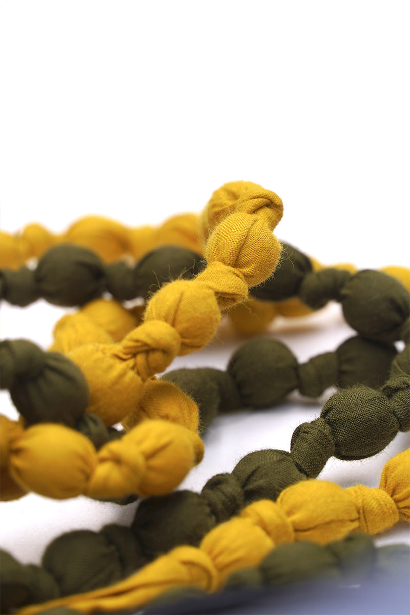 Textile & Bead Wrap Necklace - Olive & Mustard